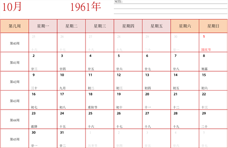 日历表1961年